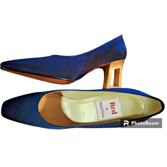 Vintage 80's Navy Pumps by Ramon Tenza RED Made in Spain Sz 8 Gold Cut Out Heel - Picture 4 of 8